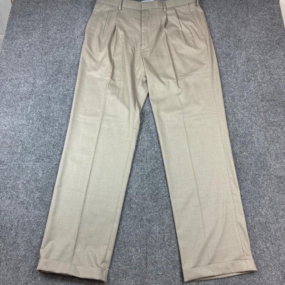 J.M. Haggar Mens Classic Fit Pleated Cuffed Dress Pants Khaki 36x34 HD00654 140